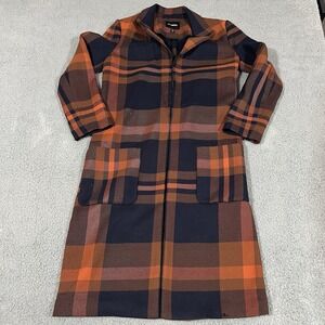 Express Women's Plaid Orange Navy Cardigan Coat Pockets Small